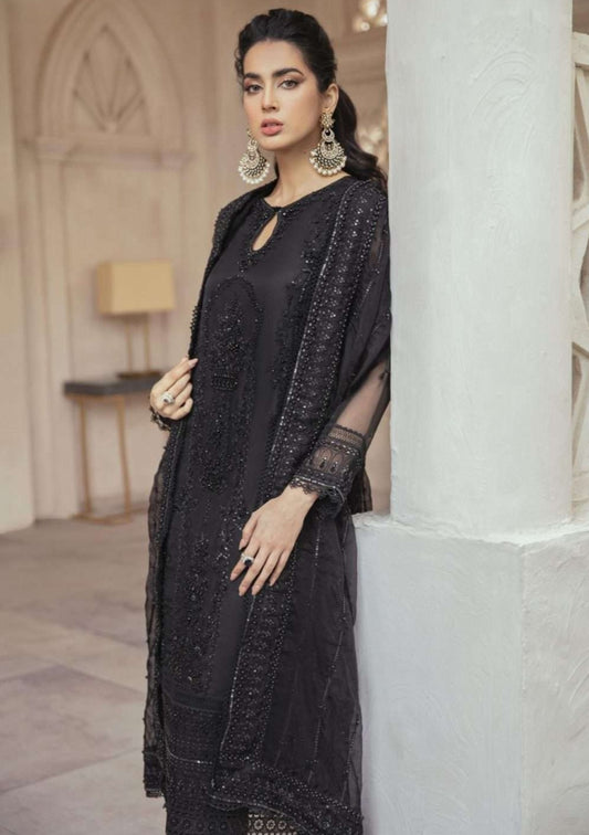 "Mushq Luxury Net Embroidered 3-Piece Suit with Silk Trouser & Dupatta"