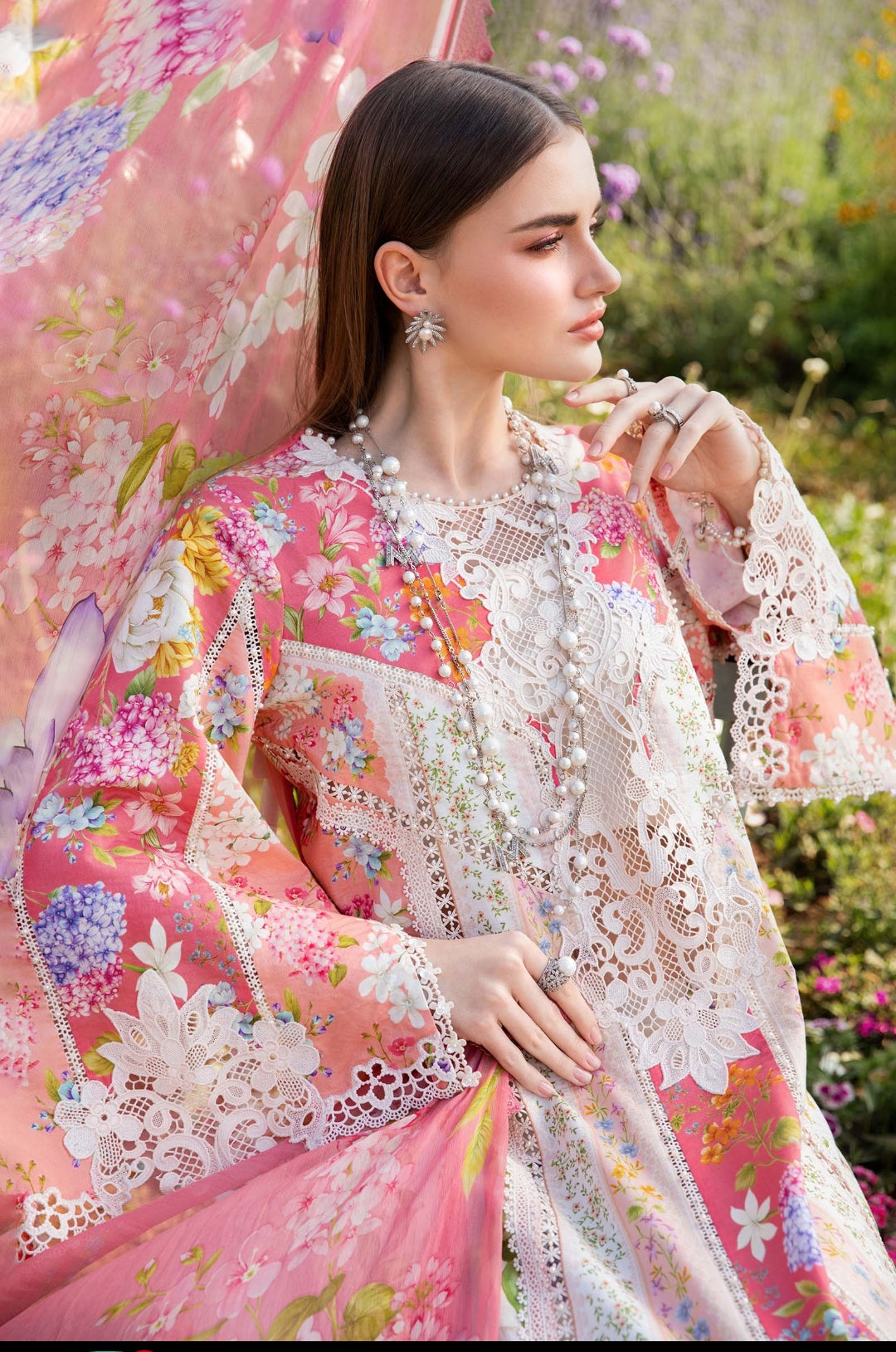 Maria B Mustard & Pink 3Pc Lawn Embroidered Suit with Chiffon Dupatta