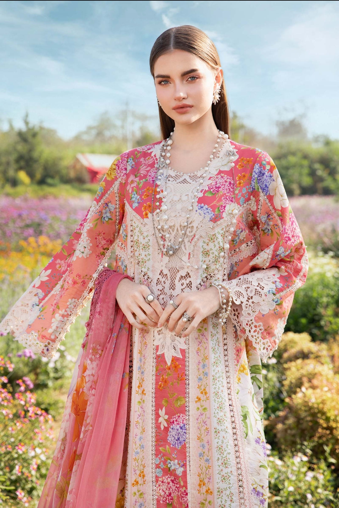 Maria B Mustard & Pink 3Pc Lawn Embroidered Suit with Chiffon Dupatta