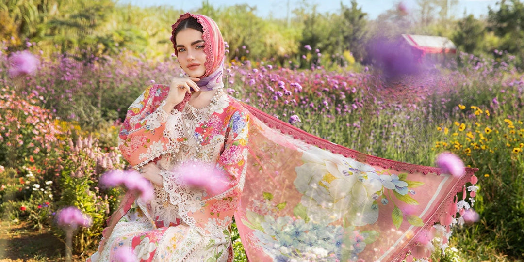 Maria B Mustard & Pink 3Pc Lawn Embroidered Suit with Chiffon Dupatta