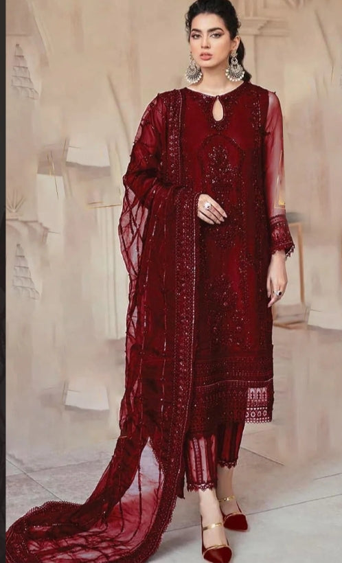 "Mushq Luxury Net Embroidered 3-Piece Suit with Silk Trouser & Dupatta"