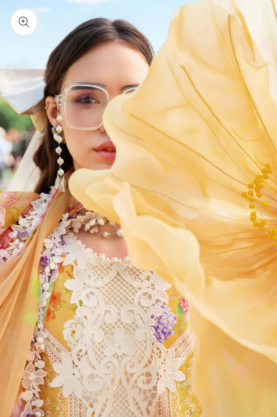Maria B Mustard & Pink 3Pc Lawn Embroidered Suit with Chiffon Dupatta
