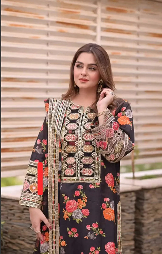 ANEELAS Premium Silk Suit β Printed Shirt & Trouser with Embroidered Detailing