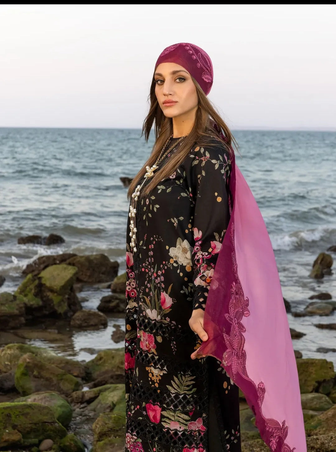 “Criman lawn Embroidered Suit with Chiffon Dupatta & Chikan Kari Detailing