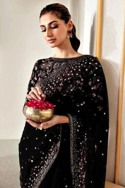 Jazmin Premium Wedding Saree – Black Net with Elegant Embroidery