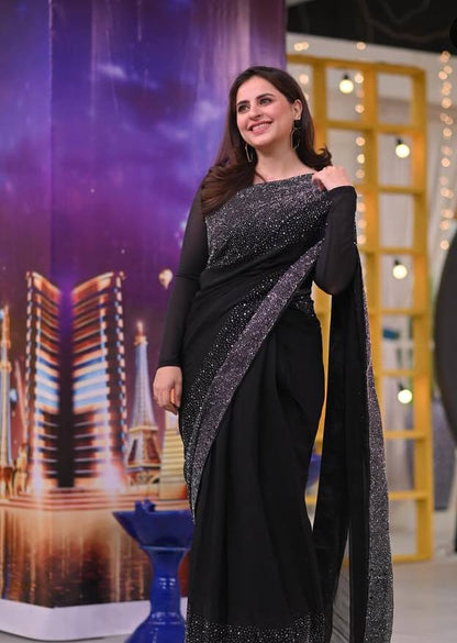 Fatima Effendi Signature Chiffon Saree with Hand Embroidery & Stones (Unstitched)