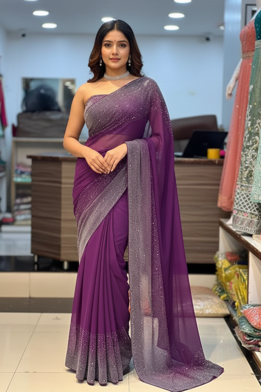 Elegant Black Chiffon Saree – Intricate Embroidery & Sparkling Stone Work