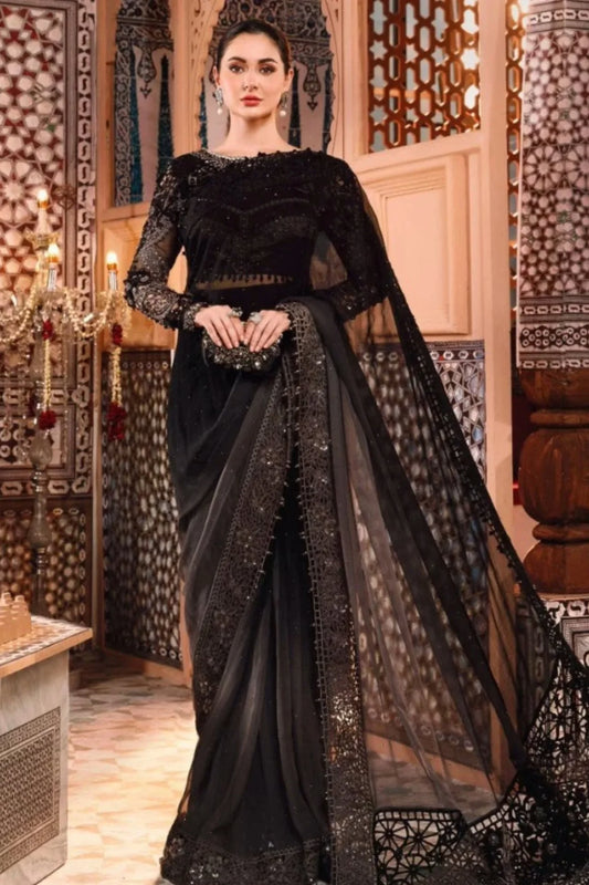 Maria B Designer Chiffon Saree – Unstitched Embroidery Collection
