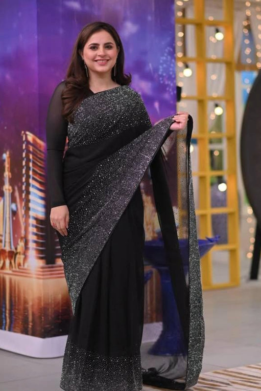 Fatima Effendi Signature Chiffon Saree with Hand Embroidery & Stones (Unstitched)