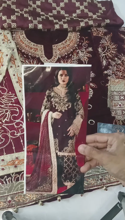 Nureh Mehroon Velvet 3Pc Luxury Embroidered Suit with Chiffon Dupatta & Silk Trouser