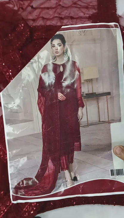 "Mushq Luxury Net Embroidered 3-Piece Suit with Silk Trouser & Dupatta"