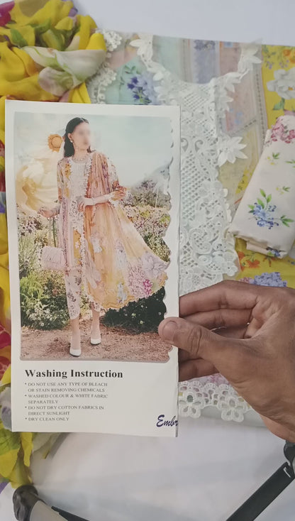 Maria B Mustard & Pink 3Pc Lawn Embroidered Suit with Chiffon Dupatta