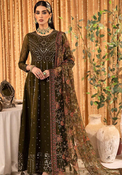 Aliza Embroidered Chiffon Maxi with Net Shawl & Trouser