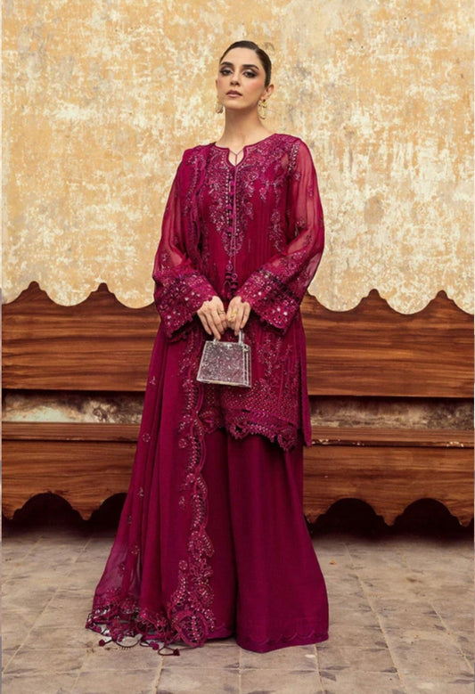 Qalamkar Maroon Formal Embroidered Chiffon 3Pc Replica – Luxury Festive Wear