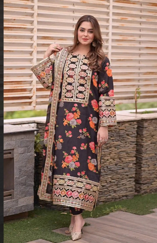ANEELAS Premium Silk Suit – Printed Shirt & Trouser with Embroidered Detailing