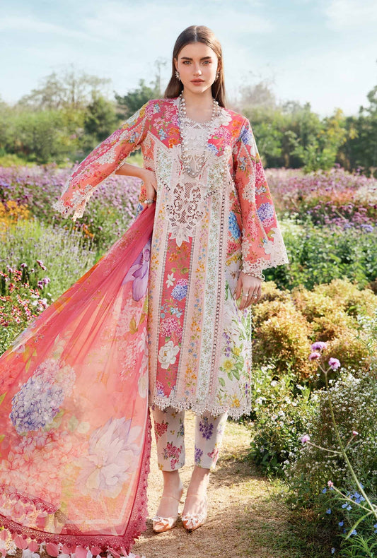Maria B Mustard & Pink 3Pc Lawn Embroidered Suit with Chiffon Dupatta
