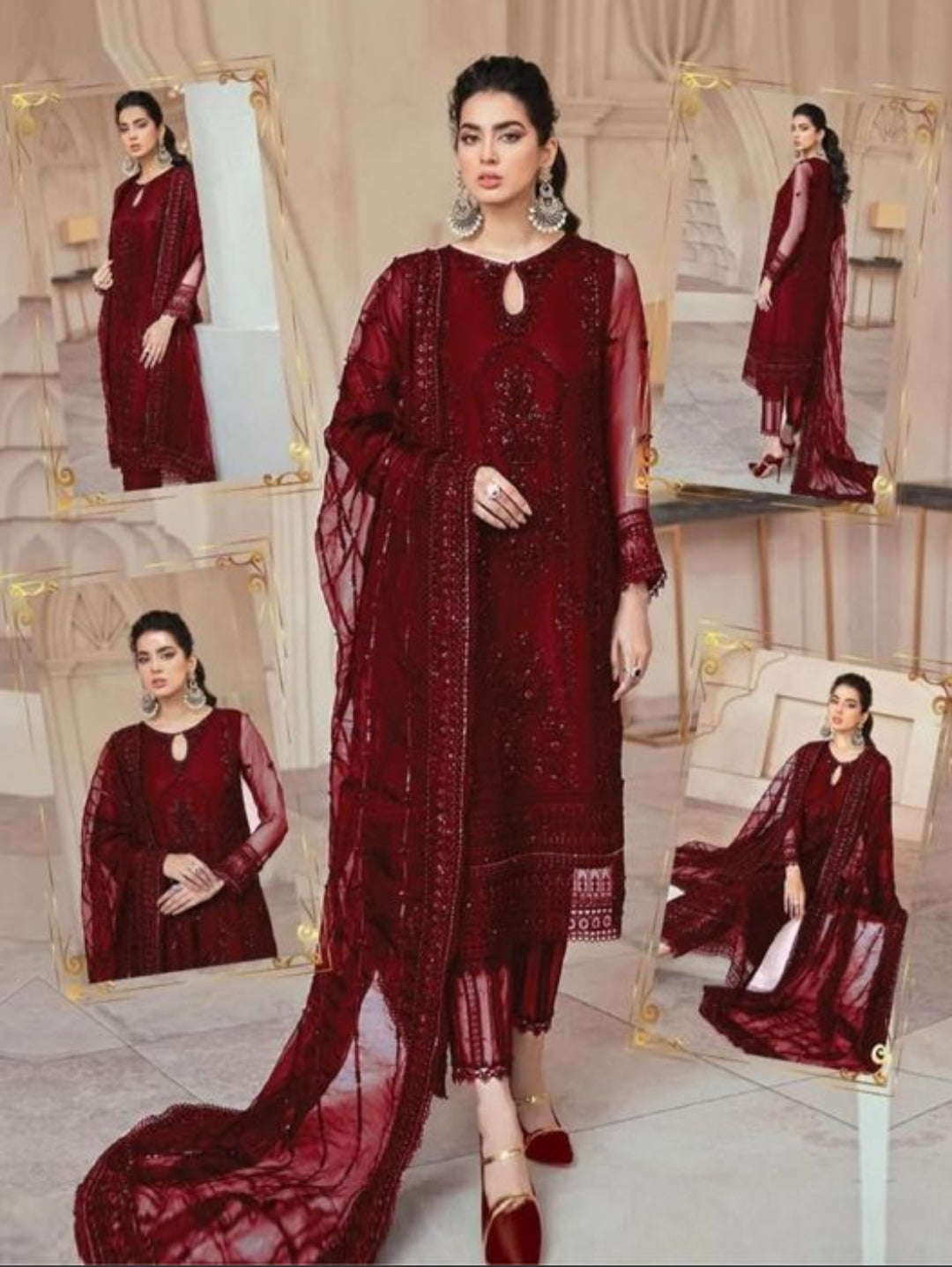 "Mushq Luxury Net Embroidered 3-Piece Suit with Silk Trouser & Dupatta"