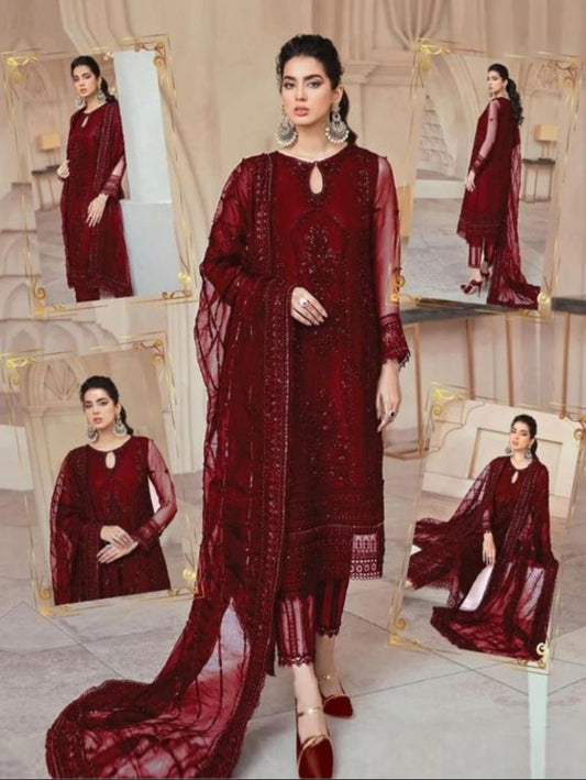 "Mushq Luxury Net Embroidered 3-Piece Suit with Silk Trouser & Dupatta"