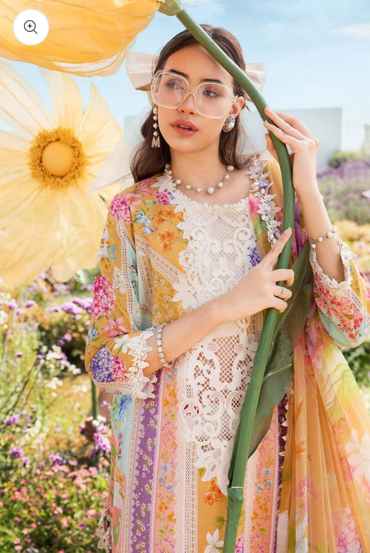 Maria B Mustard & Pink 3Pc Lawn Embroidered Suit with Chiffon Dupatta