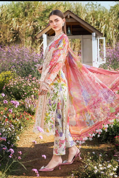 Maria B Mustard & Pink 3Pc Lawn Embroidered Suit with Chiffon Dupatta