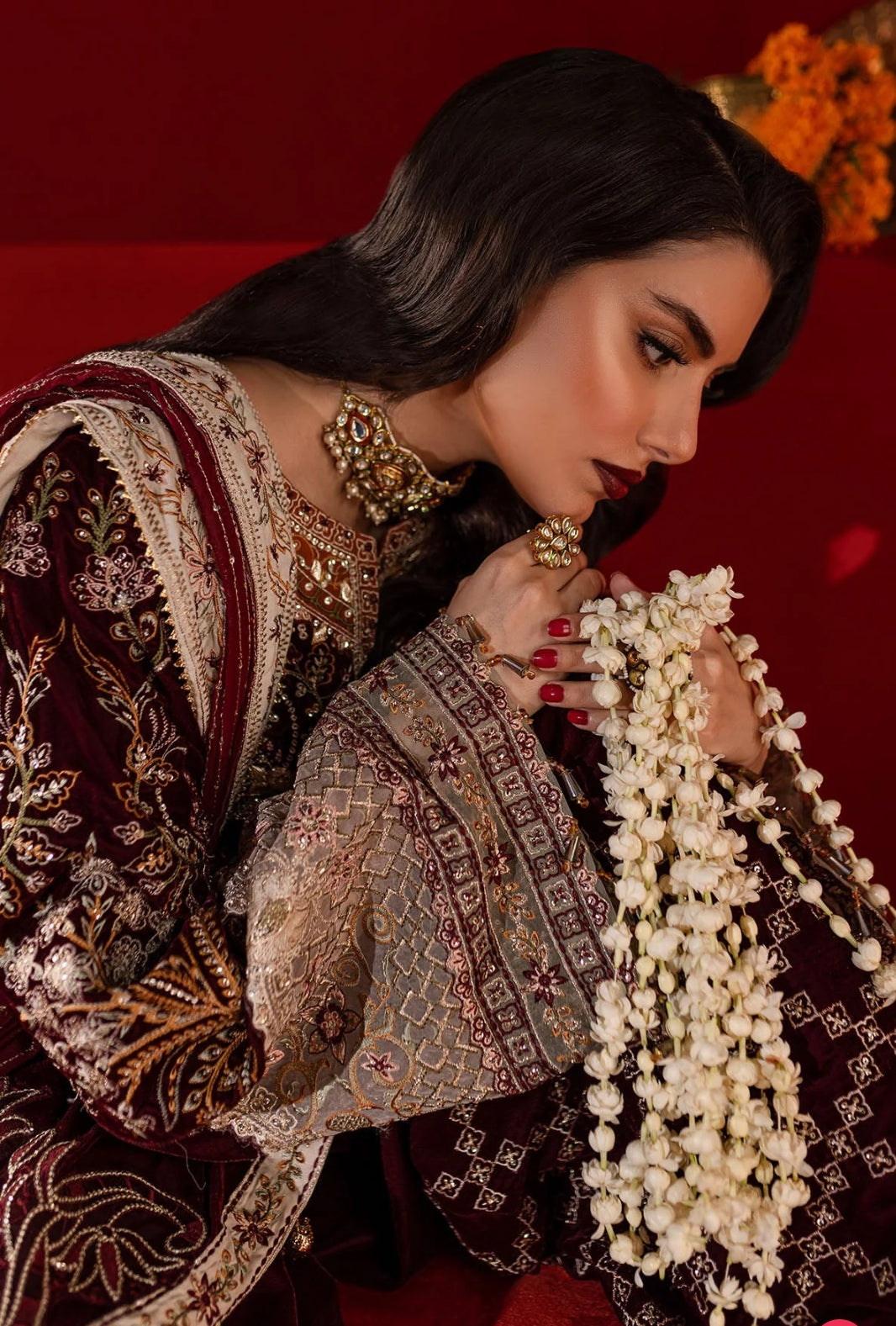 Nureh Mehroon Velvet 3Pc Luxury Embroidered Suit with Chiffon Dupatta & Silk Trouser