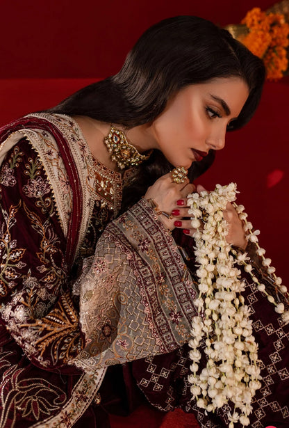 Nureh Mehroon Velvet 3Pc Luxury Embroidered Suit with Chiffon Dupatta & Silk Trouser