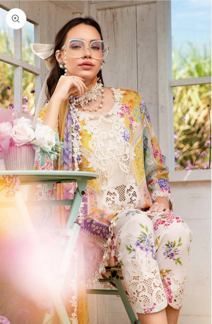 Maria B Mustard & Pink 3Pc Lawn Embroidered Suit with Chiffon Dupatta