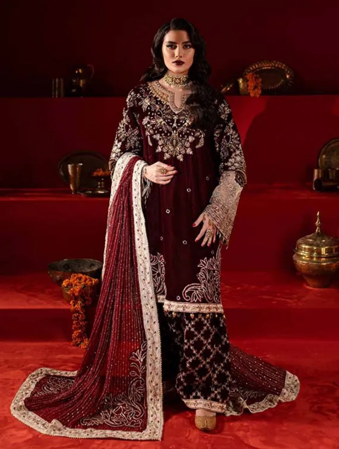 Nureh Mehroon Velvet 3Pc Luxury Embroidered Suit with Chiffon Dupatta & Silk Trouser