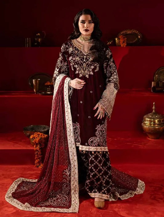 Nureh Mehroon Velvet 3Pc Luxury Embroidered Suit with Chiffon Dupatta & Silk Trouser