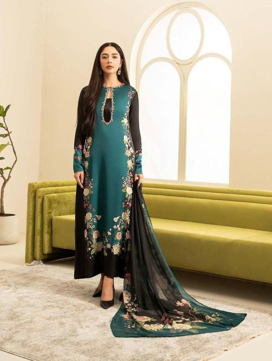 Lulusar Premium Silk 3-Piece Suit with Hand Embellished Organza Neck