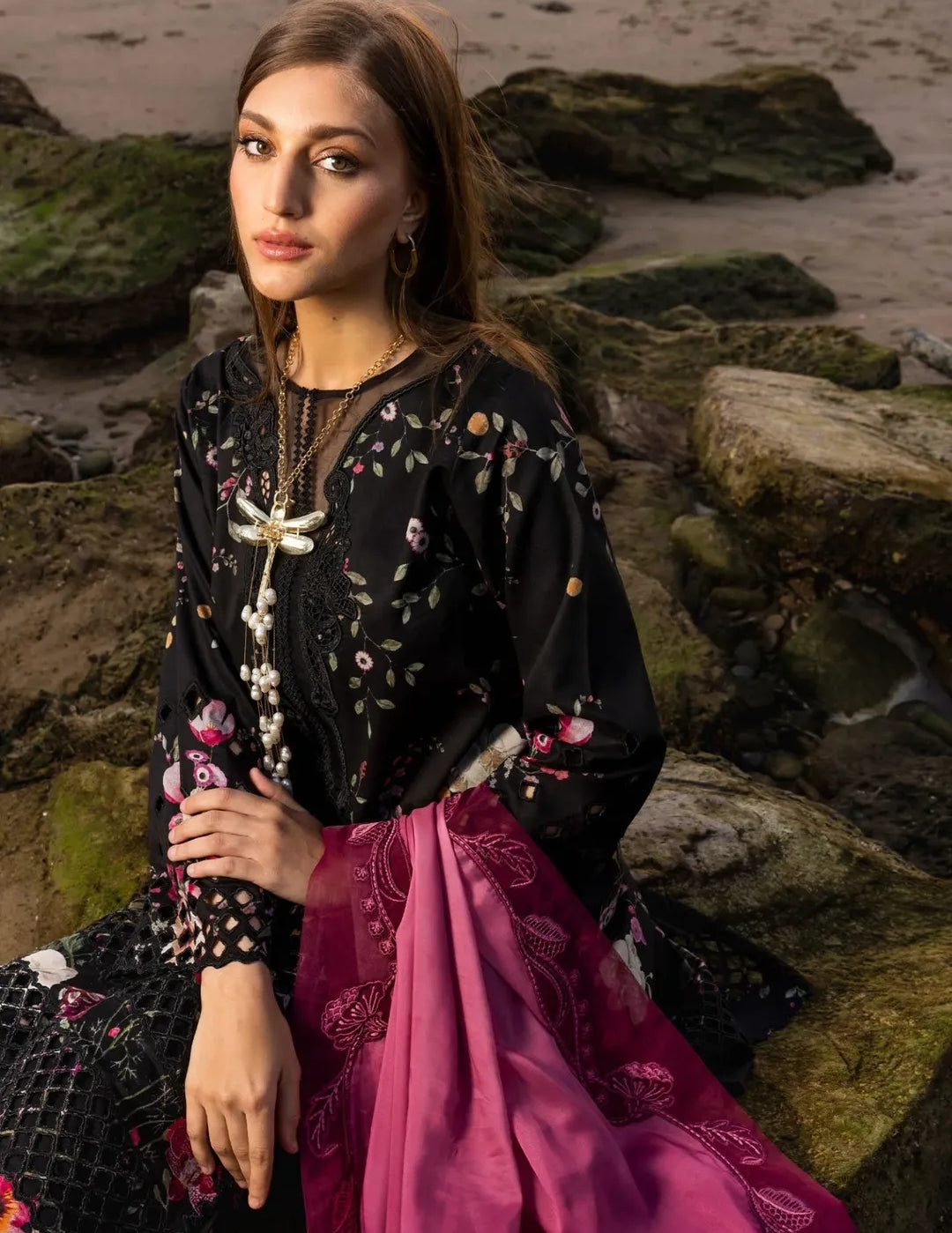 “Criman lawn Embroidered Suit with Chiffon Dupatta & Chikan Kari Detailing