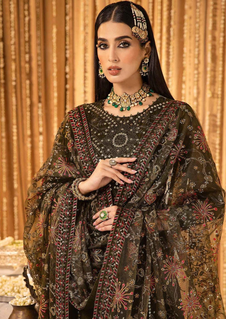 Aliza Embroidered Chiffon Maxi with Net Shawl & Trouser