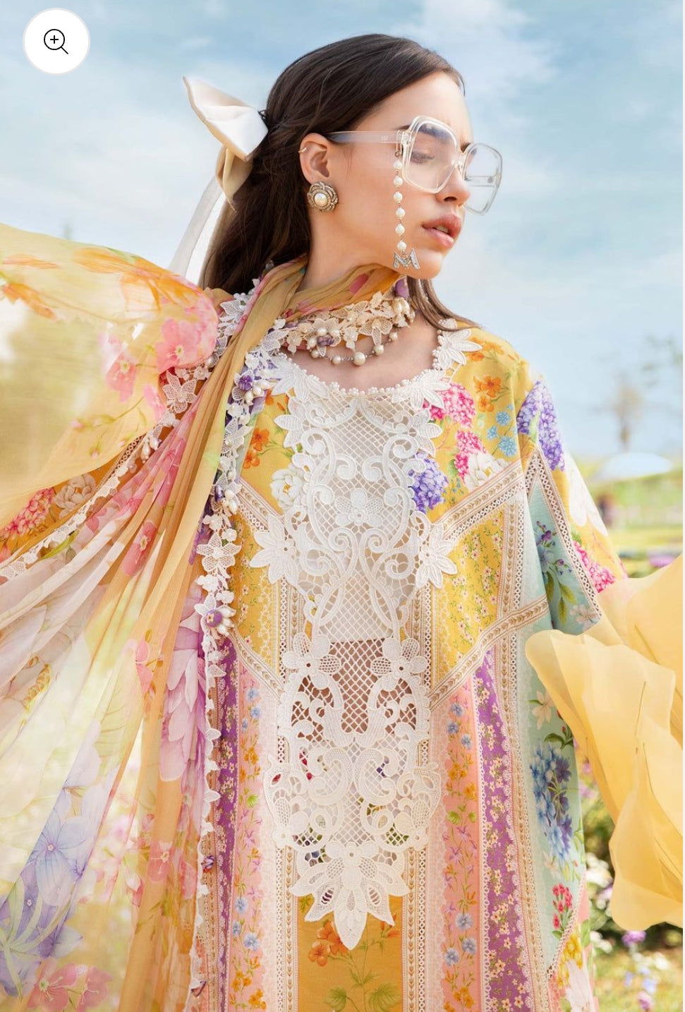 Maria B Mustard & Pink 3Pc Lawn Embroidered Suit with Chiffon Dupatta