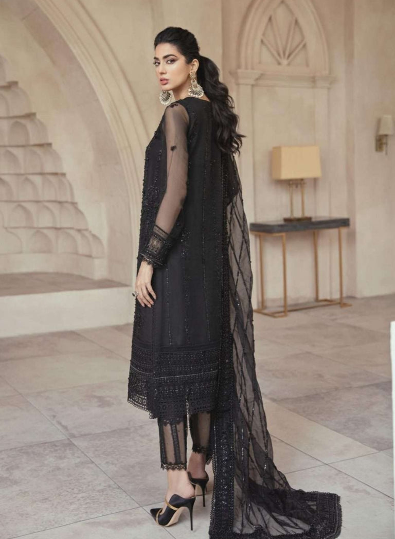 "Mushq Luxury Net Embroidered 3-Piece Suit with Silk Trouser & Dupatta"