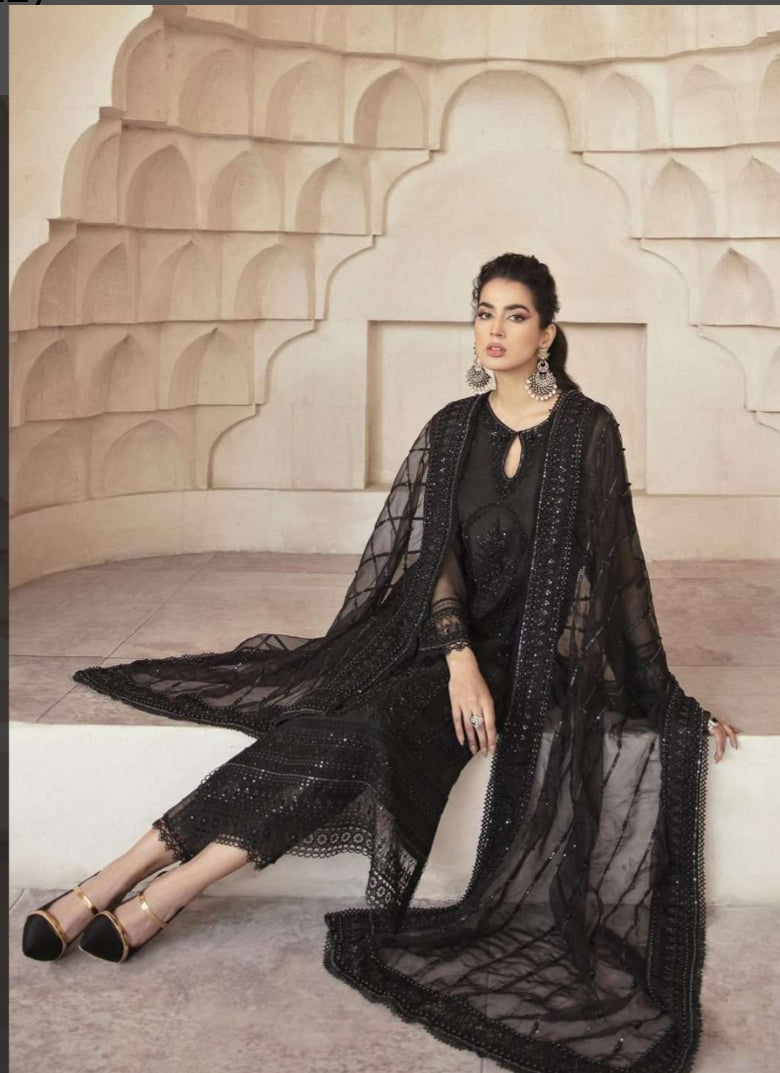 "Mushq Luxury Net Embroidered 3-Piece Suit with Silk Trouser & Dupatta"