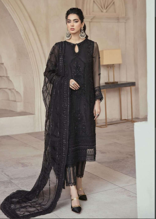 "Mushq Luxury Net Embroidered 3-Piece Suit with Silk Trouser & Dupatta"