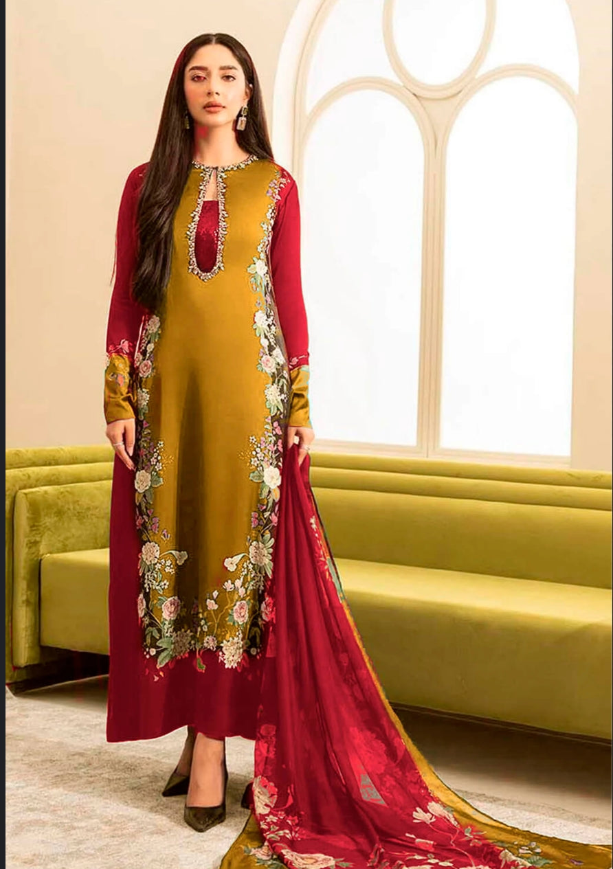 Lulusar Premium Silk 3-Piece Suit with Hand Embellished Organza Neck