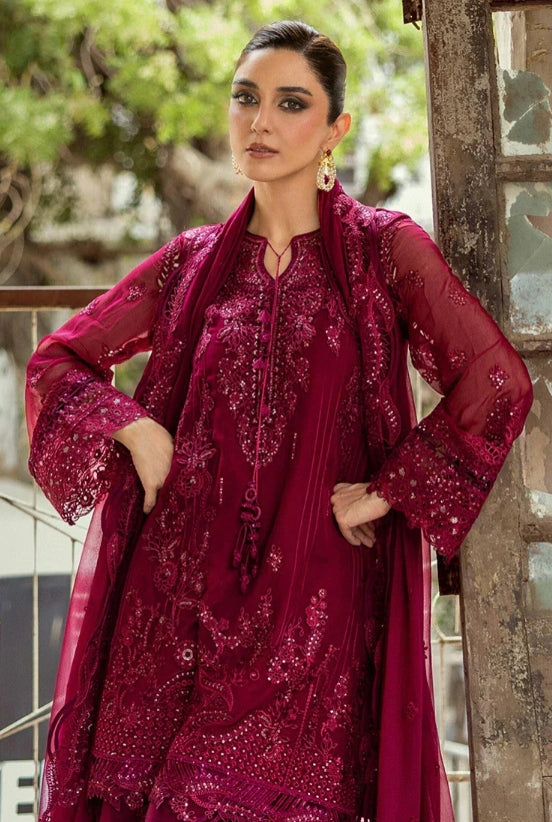 Qalamkar Maroon Formal Embroidered Chiffon 3Pc Replica – Luxury Festive Wear