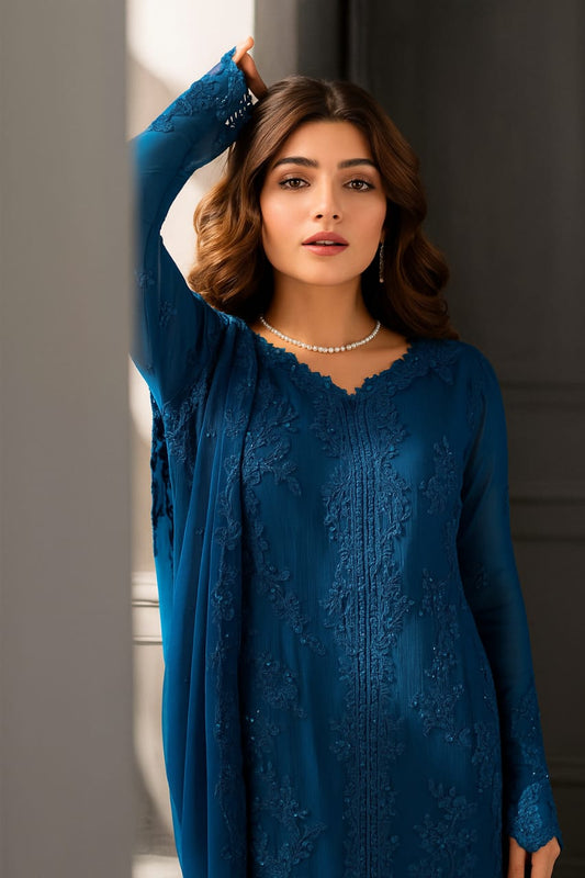 "Azure Chiffon – Premium Embroidered Chiffon Suit with Dupatta & Silk Trouser