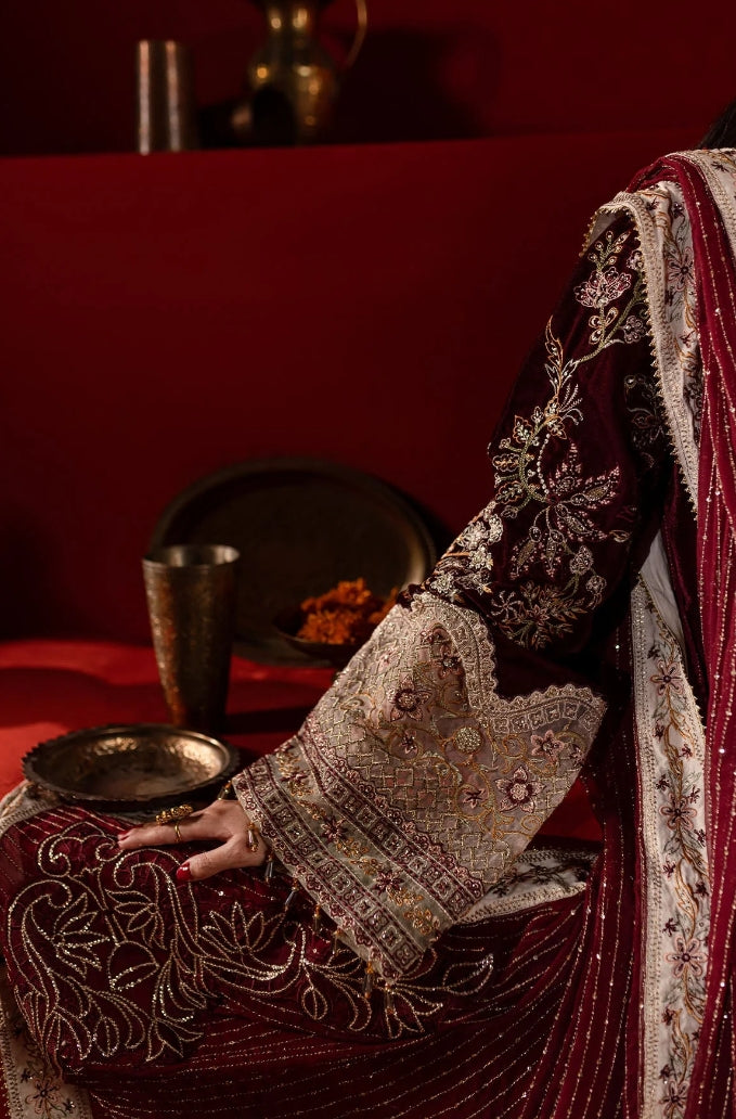 Nureh Mehroon Velvet 3Pc Luxury Embroidered Suit with Chiffon Dupatta & Silk Trouser