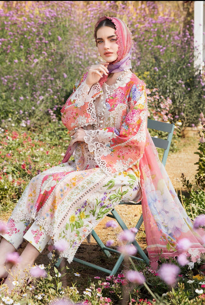 Maria B Mustard & Pink 3Pc Lawn Embroidered Suit with Chiffon Dupatta