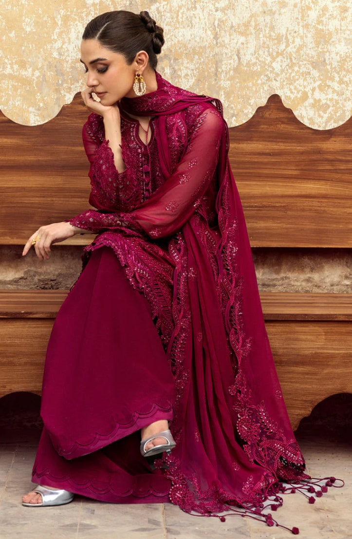 Qalamkar Maroon Formal Embroidered Chiffon 3Pc Replica – Luxury Festive Wear