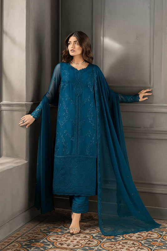 "Azure Chiffon – Premium Embroidered Chiffon Suit with Dupatta & Silk Trouser
