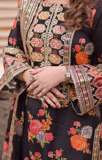 ANEELAS Premium Silk Suit – Printed Shirt & Trouser with Embroidered Detailing